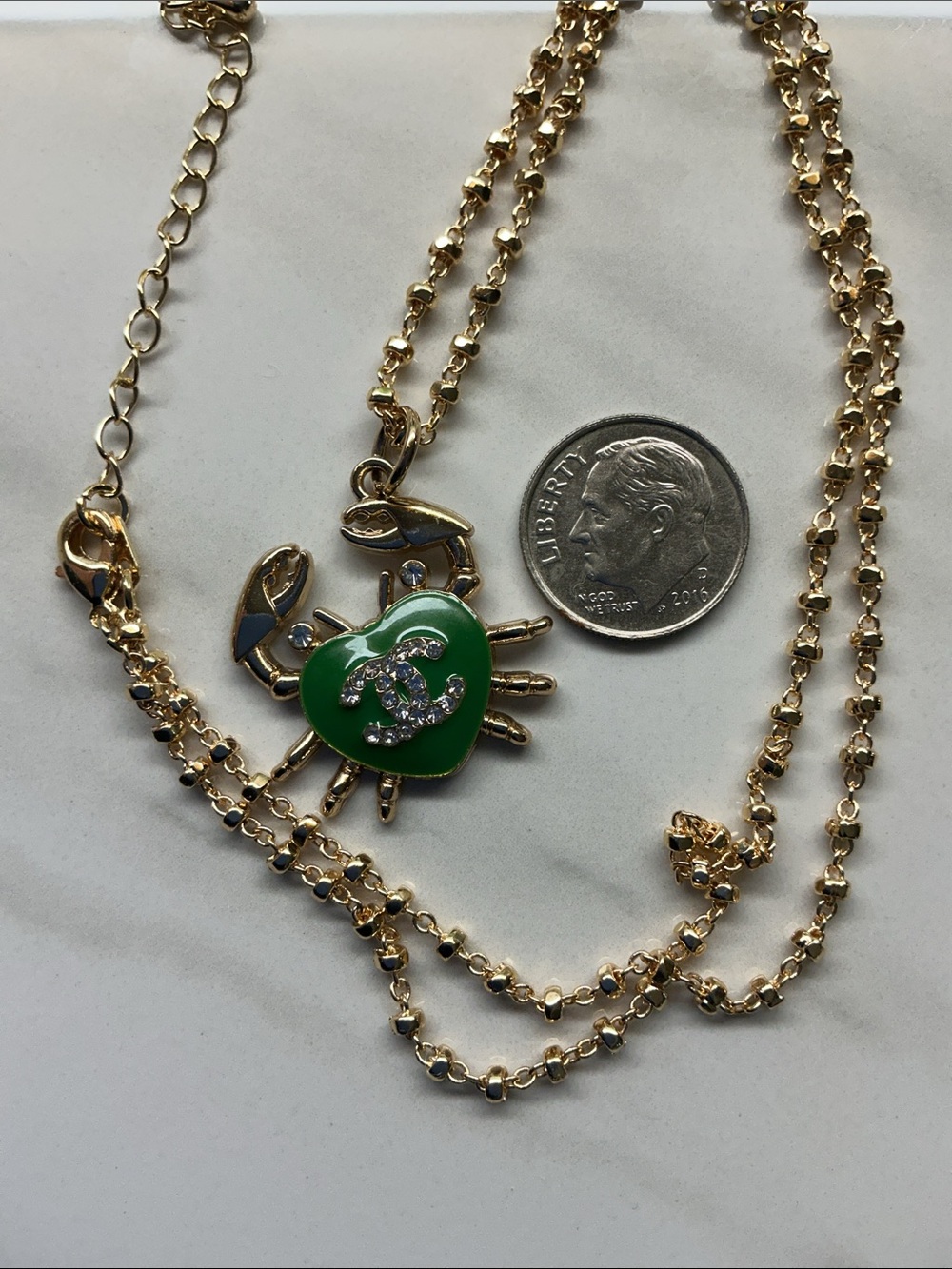 Gold Chain Necklace with Green Crab Charm and Crystal Accent - Picture 3 of 6